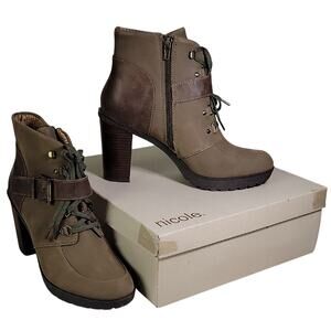 Nicole Sylvie Mint Brown Leather Lace Up Zip Ankle Boots Womens Size 9.5 NEW